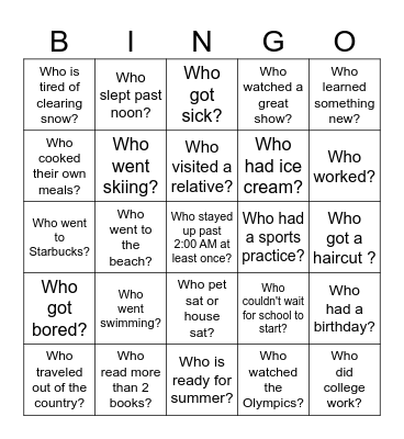 Back-to-School Bingo - What did you do over the holiday? Bingo Card