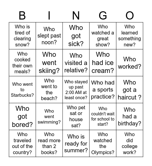 Back-to-School Bingo - What did you do over the holiday? Bingo Card