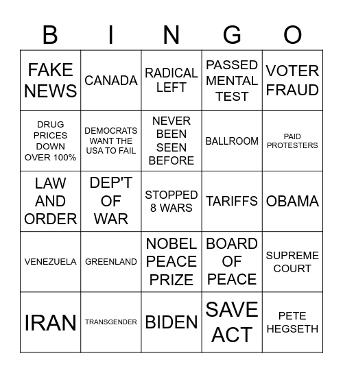 TRUMP Bingo Card