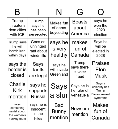 State of the Union 2026 Bingo Card