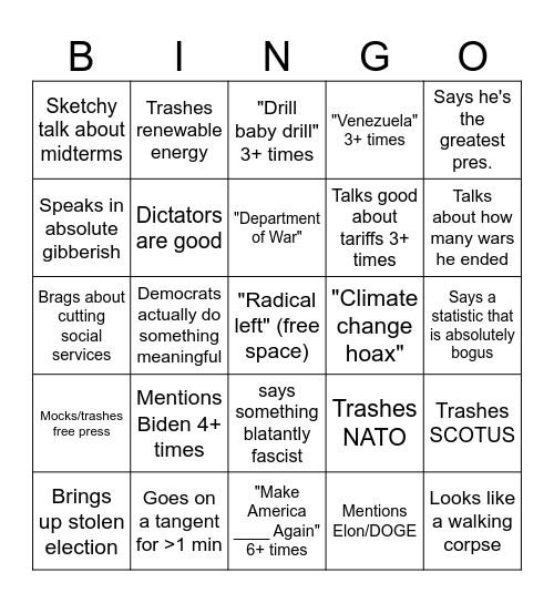 SOTU 2026 Bingo Card