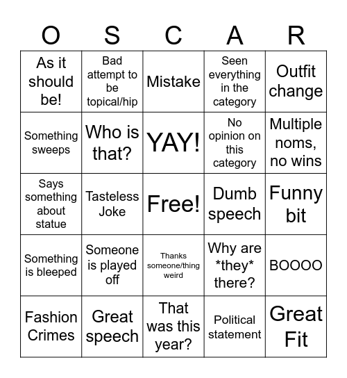 Largely Subjective 2026 Oscar Bingo Card