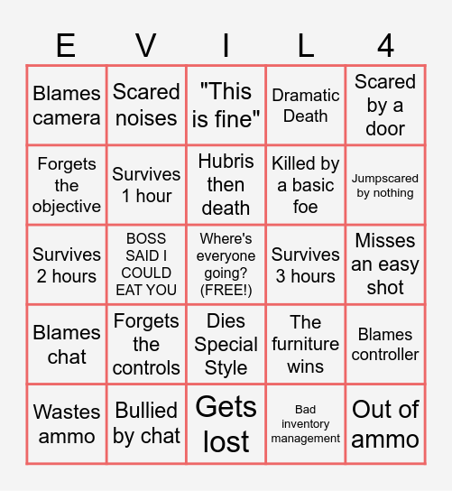 The Resident Evil Rowan Stream Bingo Card