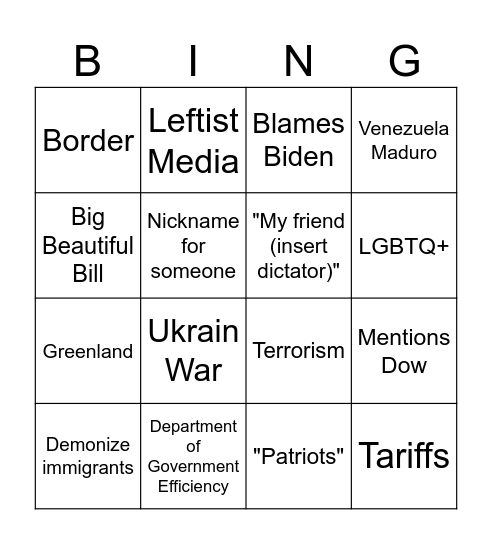 State of the Union Bingo Card