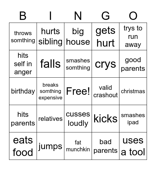 Little kid crashouts Bingo Card