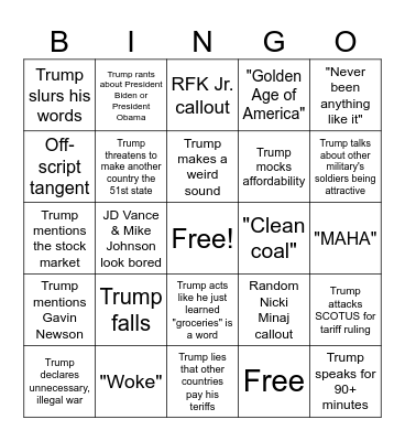 State of the Union Bingo Card