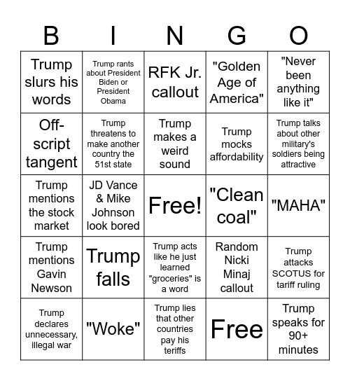State of the Union Bingo Card