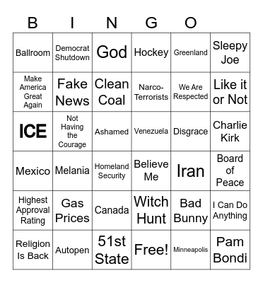 Official State of the Union 2026 Bingo Card Bingo Card