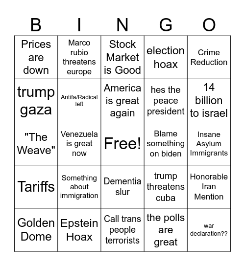 state of the union bingo Card