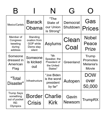 SOTU Bingo 2026 Bingo Card