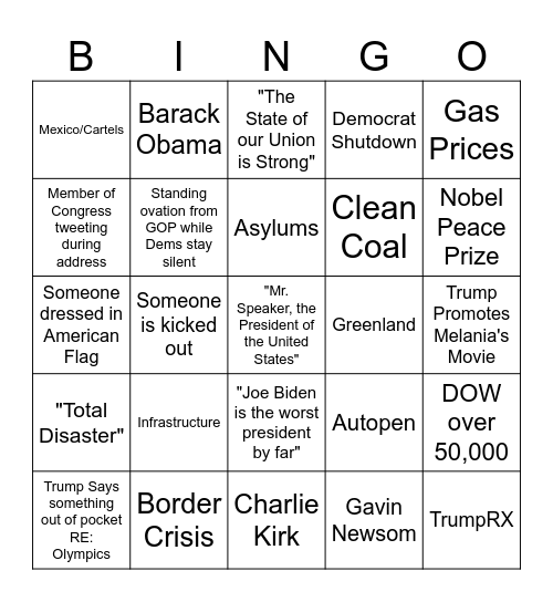 SOTU Bingo 2026 Bingo Card