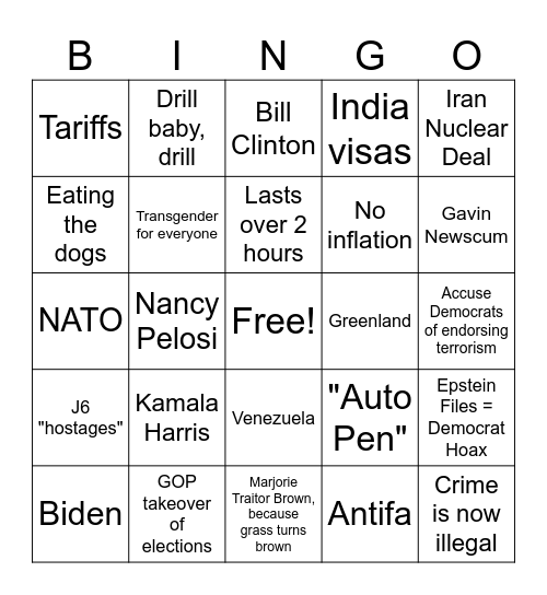 Trump State of the Union 2026 Bingo Card