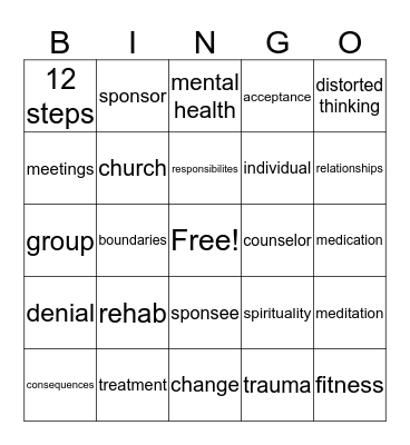 Recovery Bingo Card