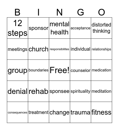 Recovery Bingo Card