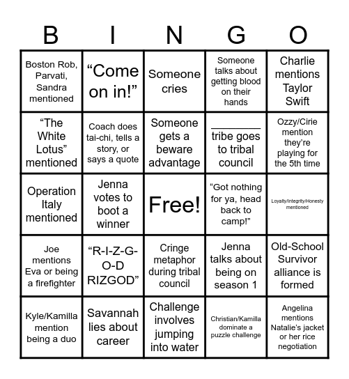 Survivor 50 Premiere Watch Party Bingo Card