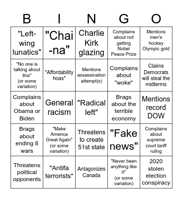 2026 State of the Union BINGO Card