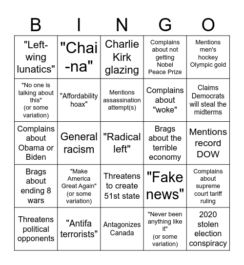 2026 State of the Union BINGO Card