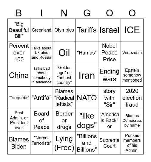 Trump Speech Bingo Card
