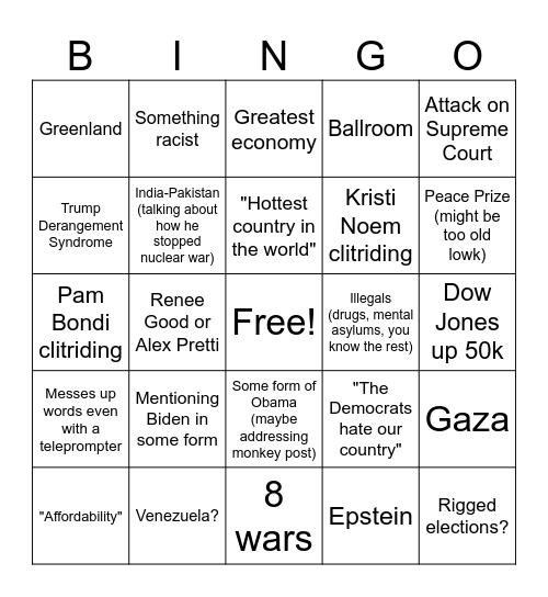 Trump SoTU (peak) Bingo Card