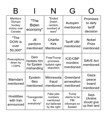 SOTU 2026 Bingo Card