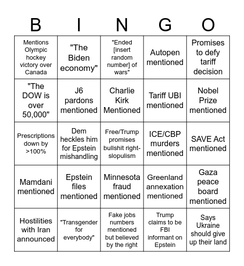 SOTU 2026 Bingo Card
