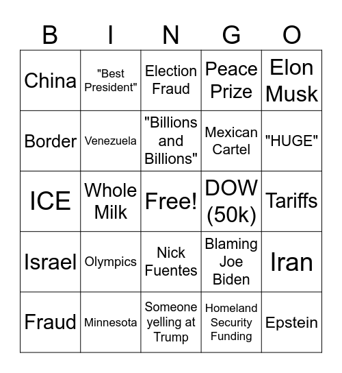 State of the Union 02/24/26 Bingo Card