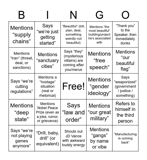 President Trump State of the Union 2026 BINGO Card
