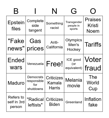 State of the Union 2026 Bingo Card