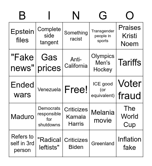 State of the Union 2026 Bingo Card