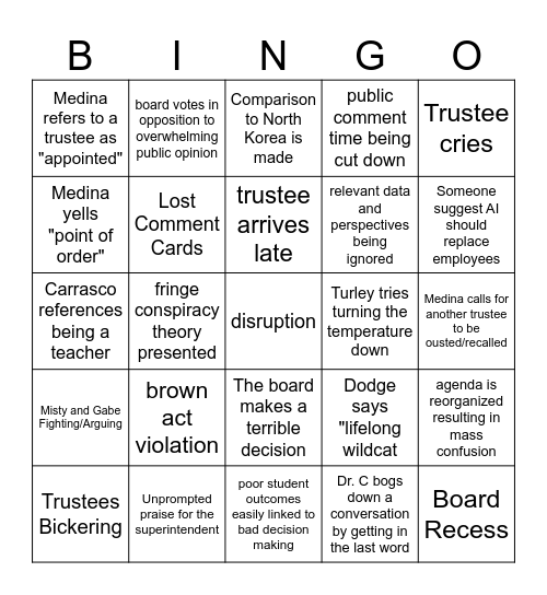 Board Meeting Bingo Card