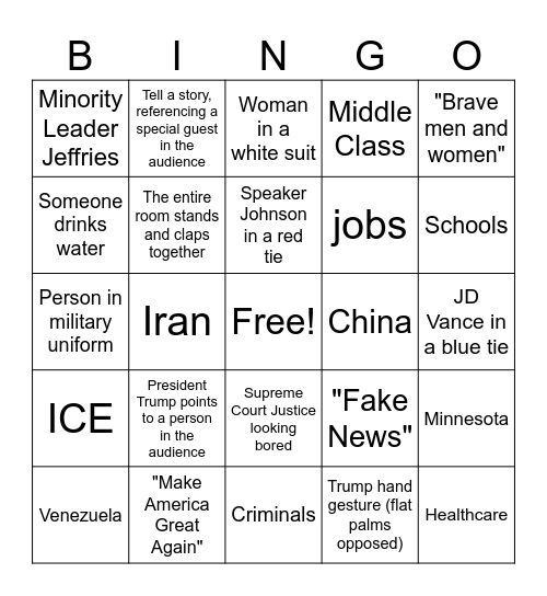 State of the Union Address 2026 Bingo Card