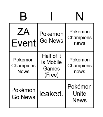 Pokemon Presents Bingo Card