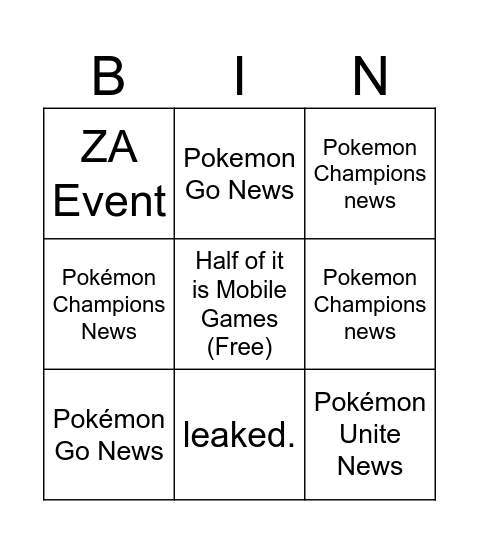 Pokemon Presents Bingo Card