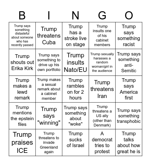Trump State of the Union Bingo Card