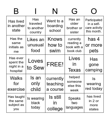 Getting to Know You Bingo Card