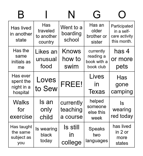 Getting to Know You Bingo Card