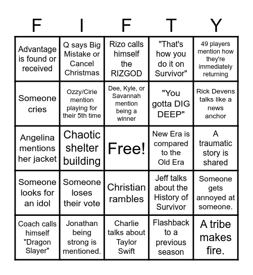 SURVIVOR 50 PREMIERE Bingo Card