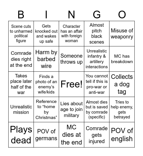 WWI FILMS Bingo Card