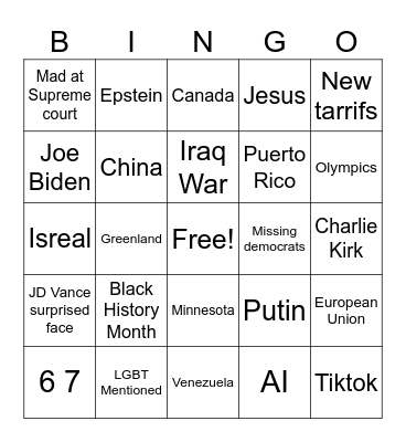 State of the union Bingo Card