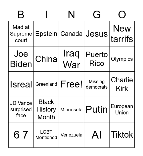 State of the union Bingo Card