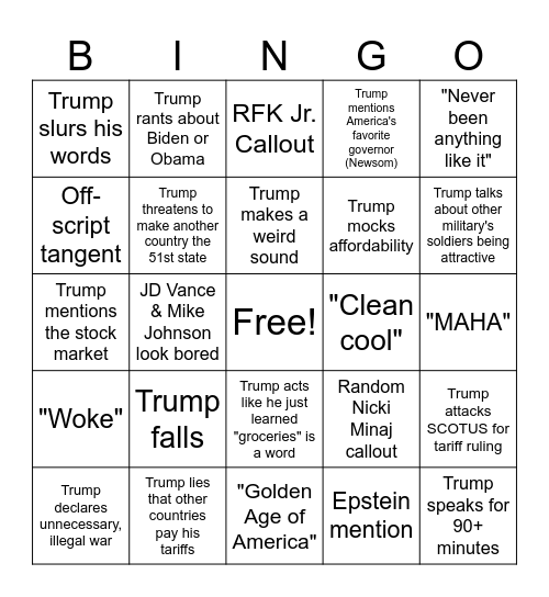 SOTU Bingo Card