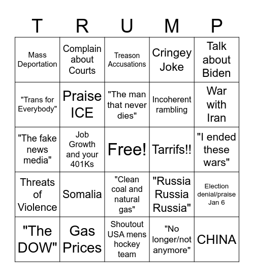 State of the Union Address BINGO Card