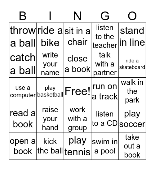 Activity Word Bingo Card