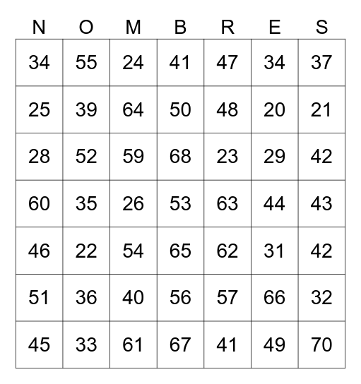 Les nombres 20-69 Bingo Card