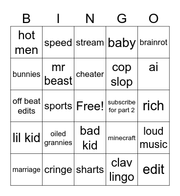 shorts bingo Card