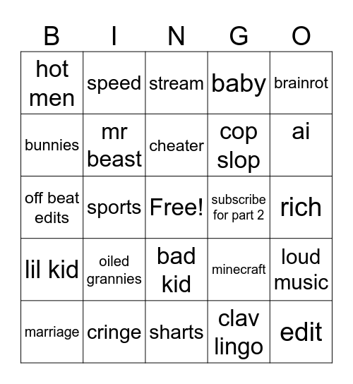 shorts bingo Card