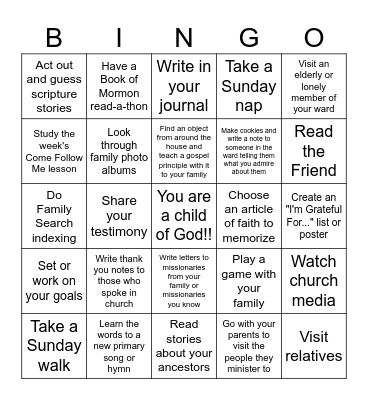 Sabbath Day Bingo Card