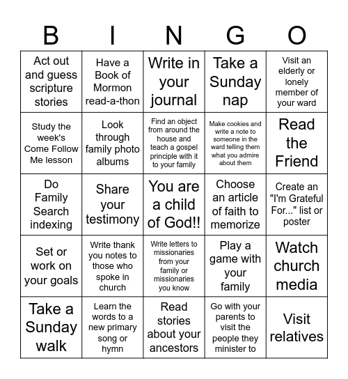 Sabbath Day Bingo Card