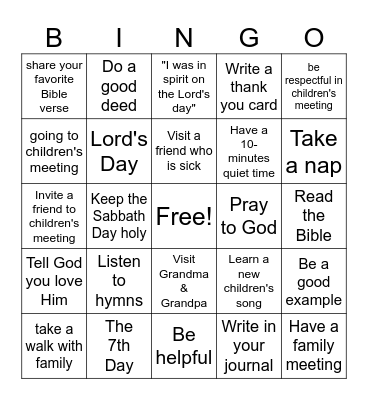 Sabbath Day Activities Bingo Card
