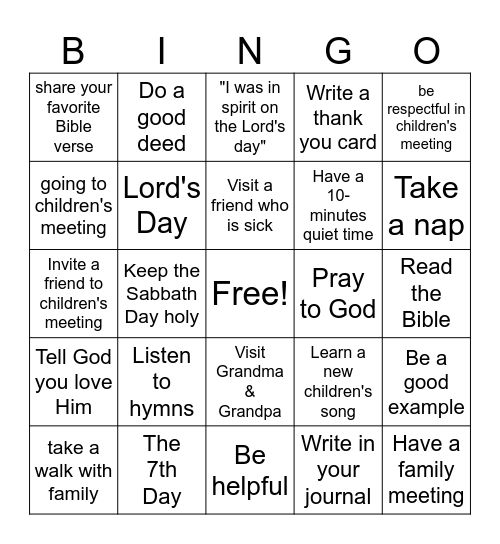 Sabbath Day Activities Bingo Card